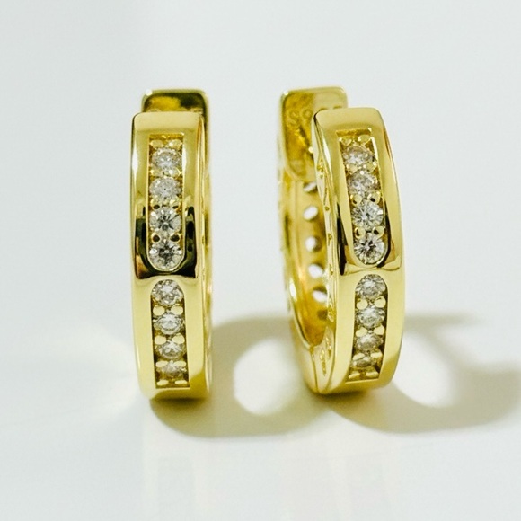 14K Gold Plated 925 Sterling Silver Round Cubic Zirconia Hoop Earrings - Picture 2 of 5